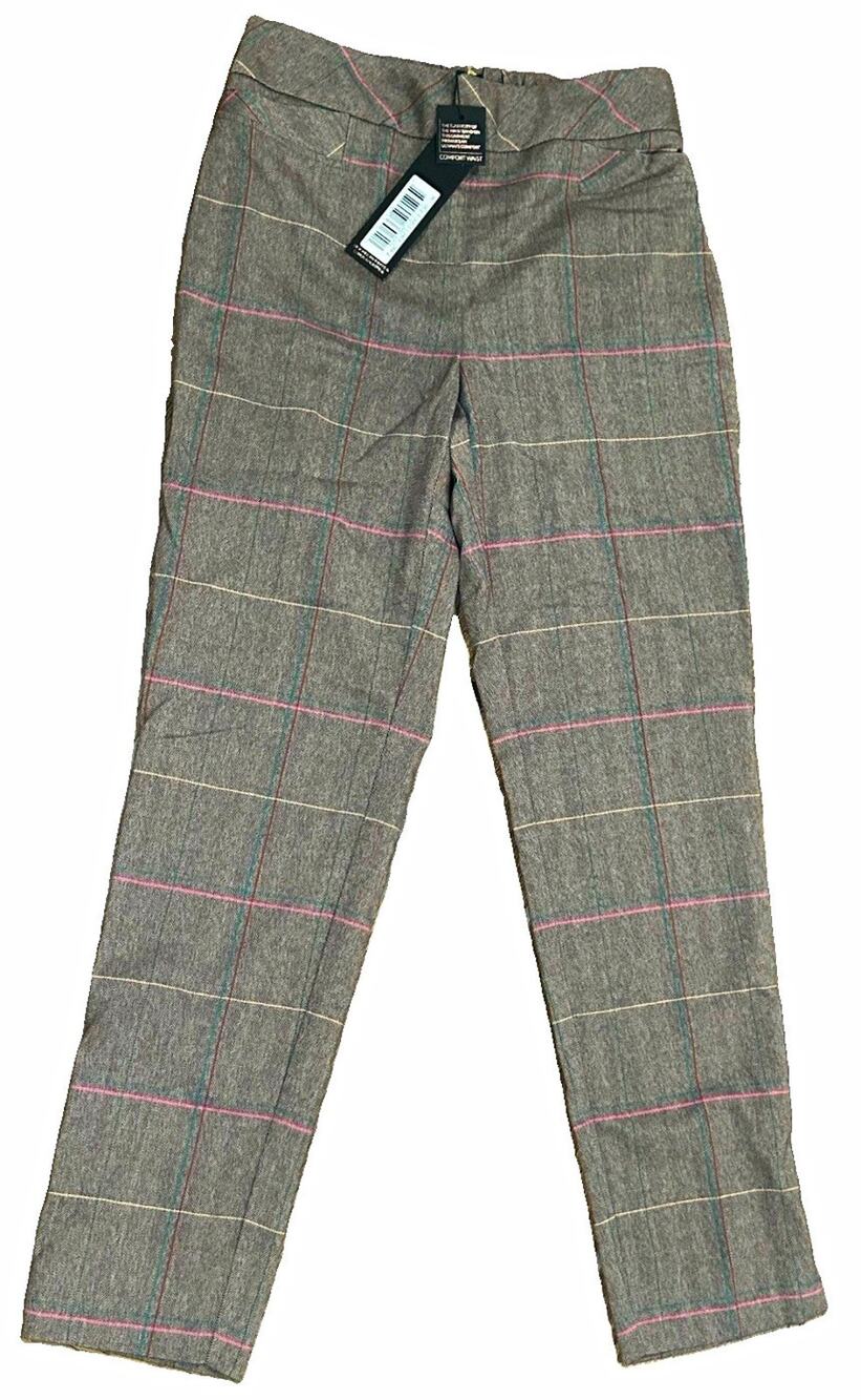 NWT Renuar Comfort Waist Plaid Pants Brown Pink Herringbone Check Size 2